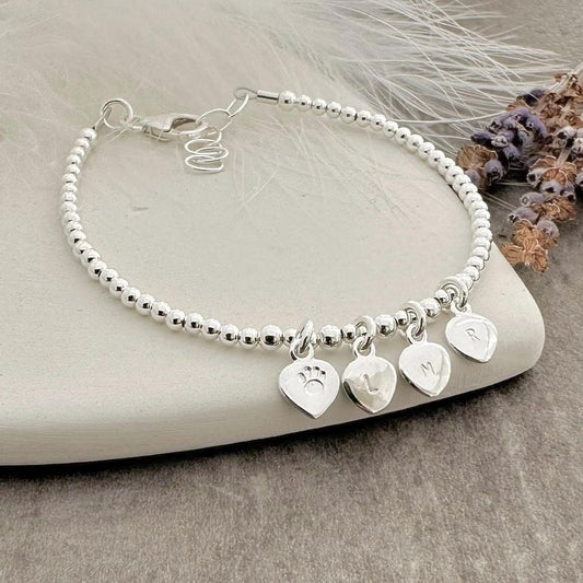 Paw Family and Pet Initials Personalised Bracelet sterling silver, Cat Dog lovers gift Dainty Jewellery