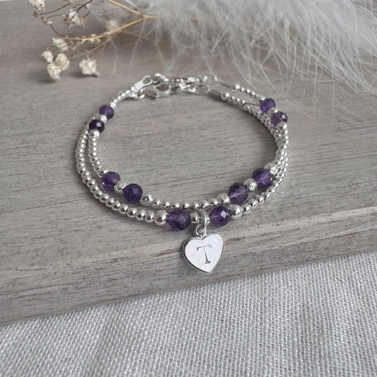 Personalised Bracelet Set with Amethyst, February Birthstone Jewellery