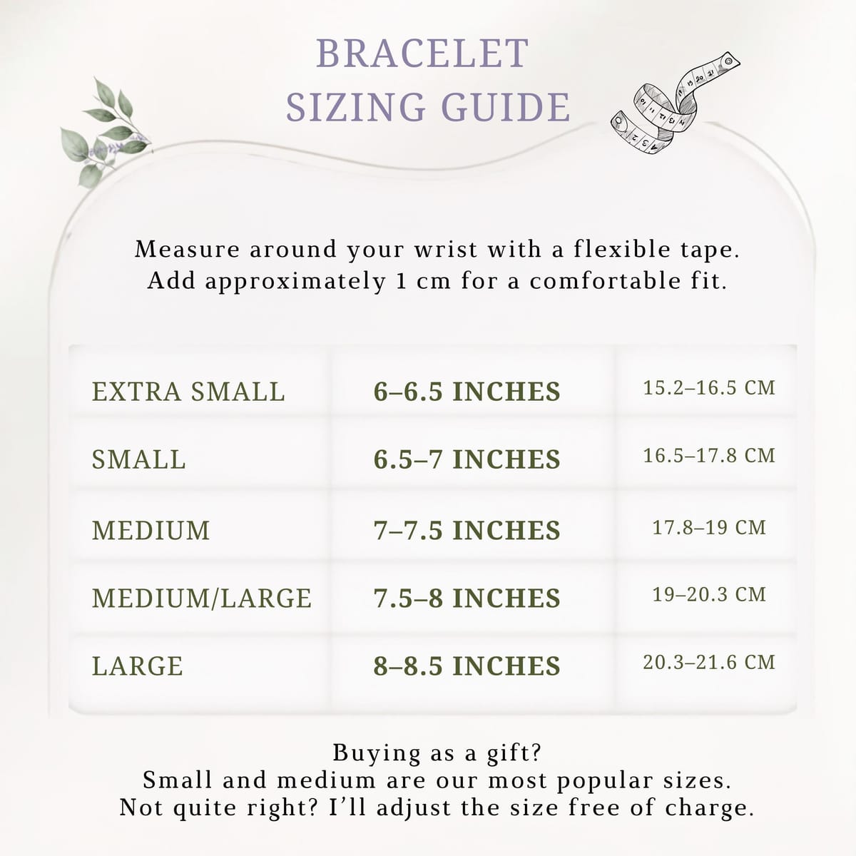 The image is a bracelet sizing guide that provides measurements and corresponding bracelet sizes for different wrist sizes.