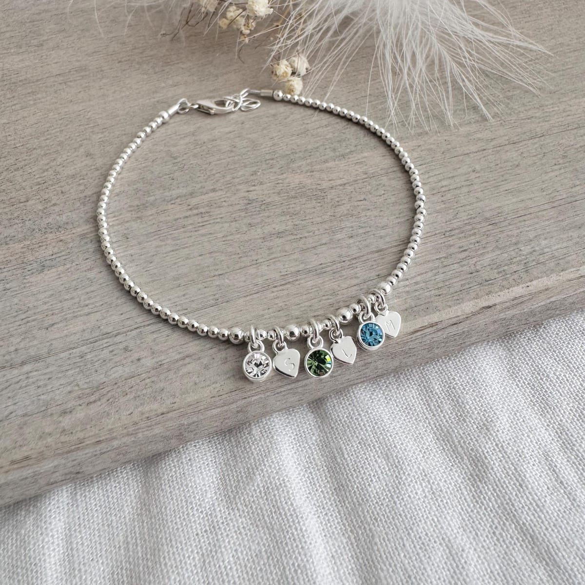 Personalised Cubic Zirconia Birthstone Charm Bracelet with Family Initials, Mothers Day Gift for Mum