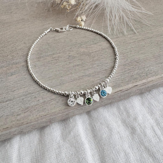 Personalised Cubic Zirconia Birthstone Charm Bracelet with Family Initials, Mothers Day Gift for Mum