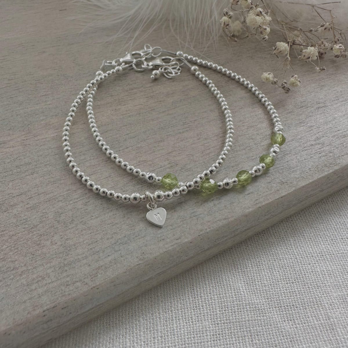 Personalised Peridot Bracelet Set, August Birthstone Jewellery