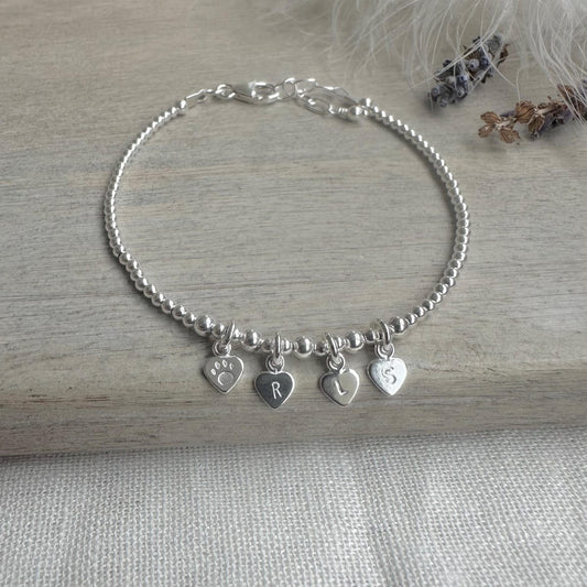Pet Initials Personalised Initial Bracelet, Family Initials Paw Cat Dog lovers gift Dainty Sterling Silver Jewellery