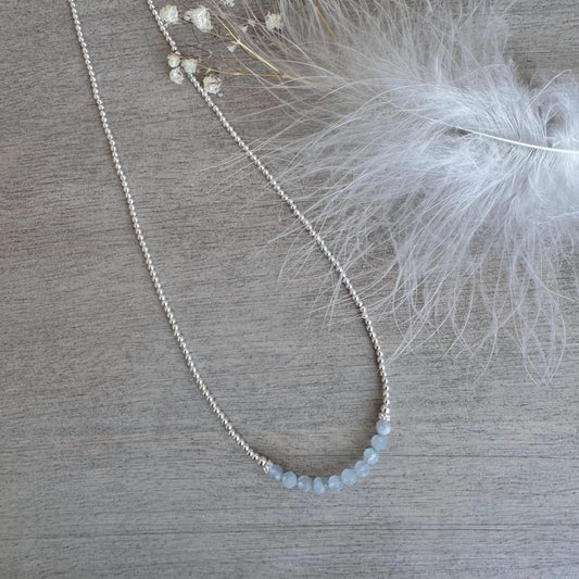 Thin Aquamarine and Sterling Silver Bead Necklace, March Birthstone
