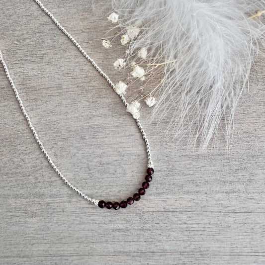 Thin Garnet and Sterling Silver Bead Necklace, dainty necklace