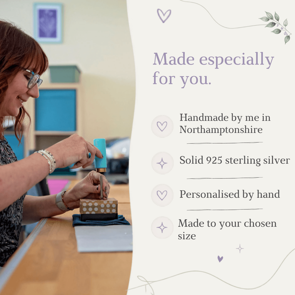 A woman is working on a craft project, using a tool to shape a piece of material. The image is described as a collage of multiple images, and it is not a single image. The text in the image is clear and concise, focusing on the woman's actions and the materials she is working with.