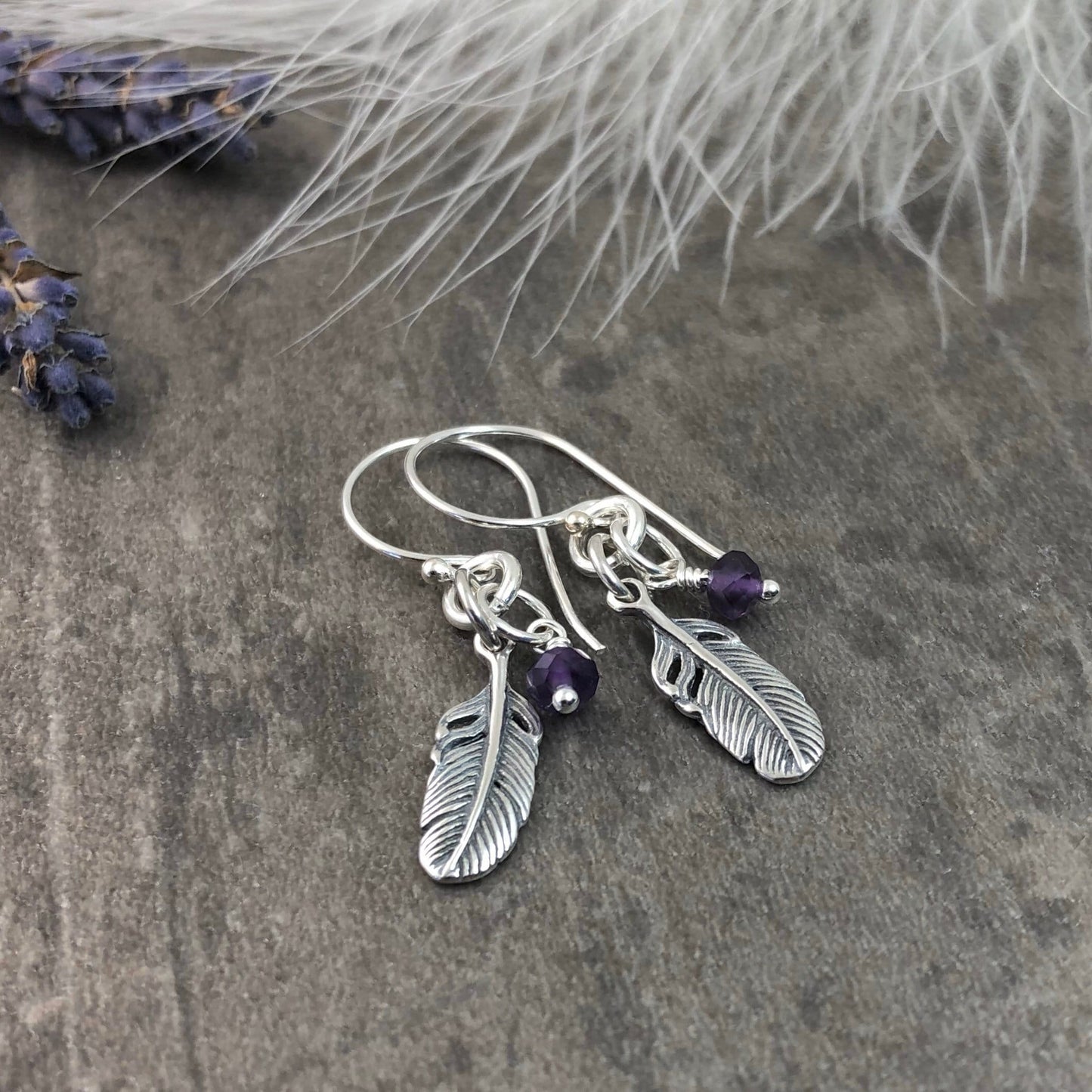 Silver Feather Earrings with birthstone and 925 sterling silver