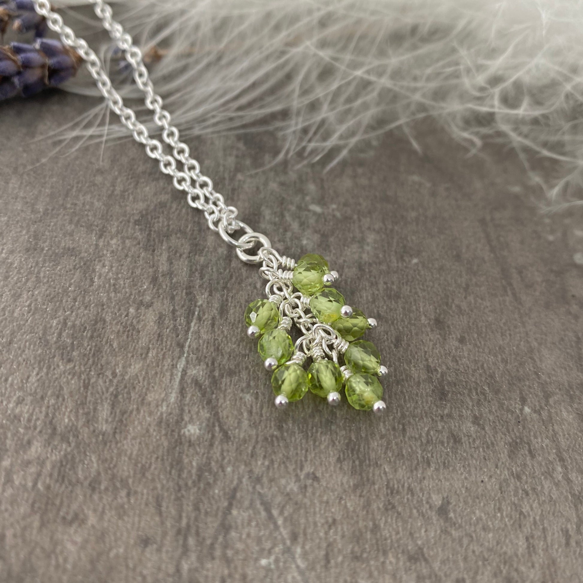 Dainty August birthstone pendant necklace, Peridot Cascade Necklace, sterling silver faceted gemstone necklace