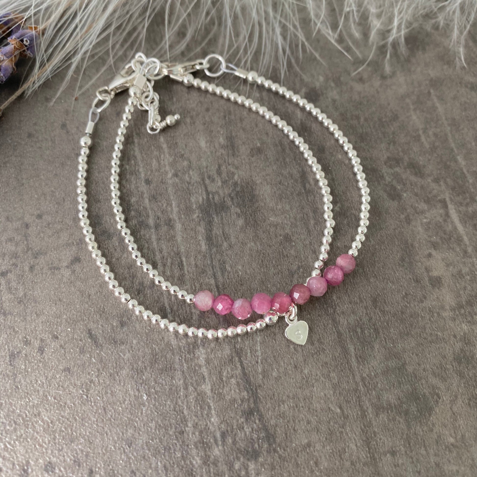 Personalised Pink Tourmaline Bracelet Set, October Birthstone Jewellery
