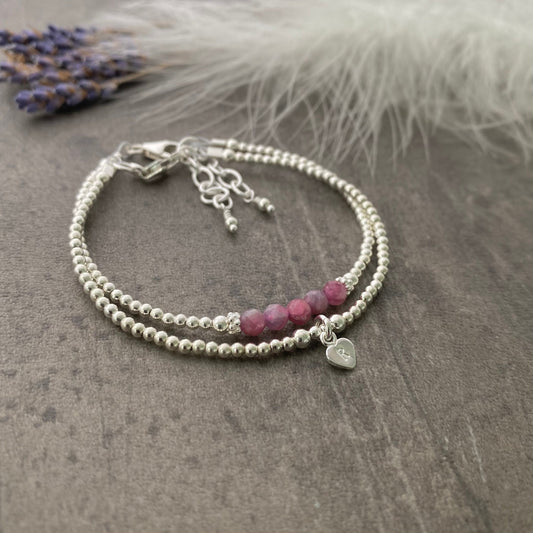 Personalised Pink Tourmaline Bracelet Set, October Birthstone Jewellery