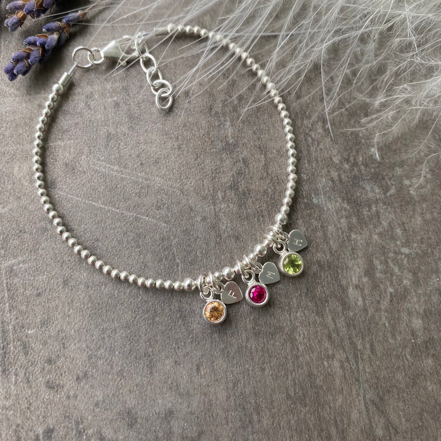 Personalised Cubic Zirconia Birthstone Charm Bracelet with Initials, Mothers Day Gift for Mum, Family Birthstone Jewellery, Mothers Day Gift