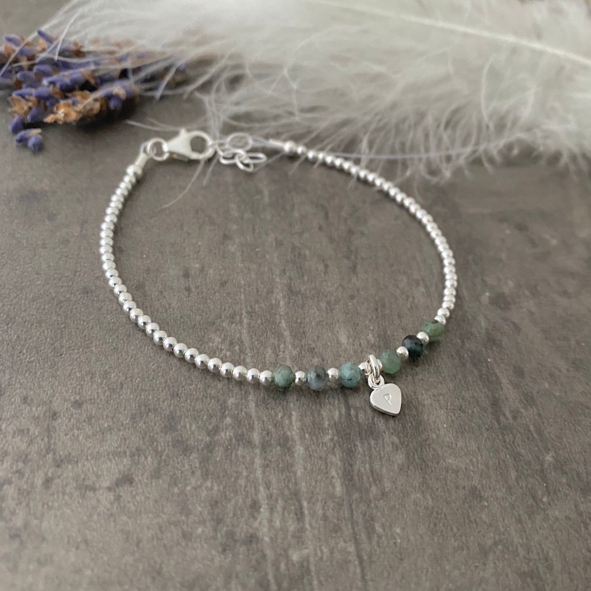 Personalised Emerald Bracelet, Dainty May Birthstone Jewellery in Sterling Silver, Initial Bracelet, Silver Bracelets for Women