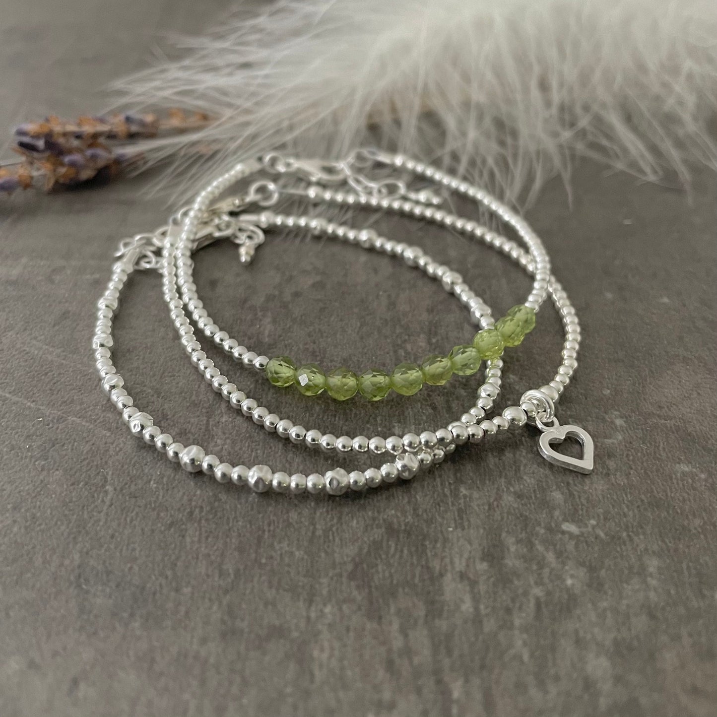 August Birthstone Peridot Bracelet Set, Dainty Sterling Silver Stacking Bracelets for Women