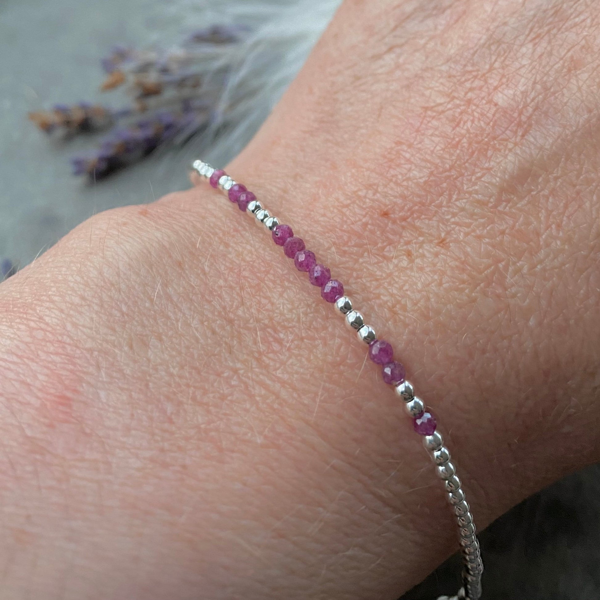 July Birthstone Ruby Bracelet, dainty stacking bracelet in sterling silver