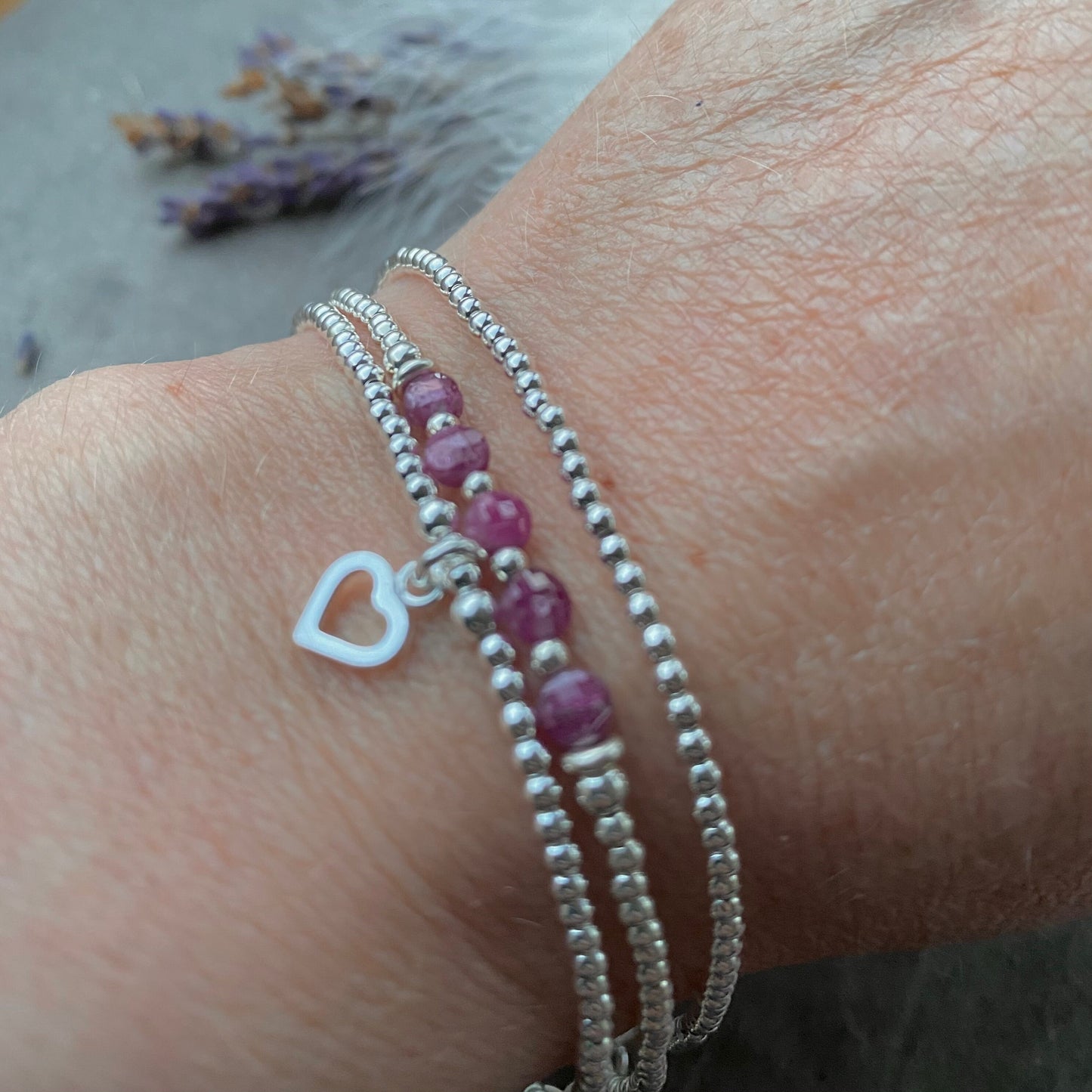 July Birthstone Ruby Bracelet Set, Dainty Sterling Silver Stacking Bracelets for Women