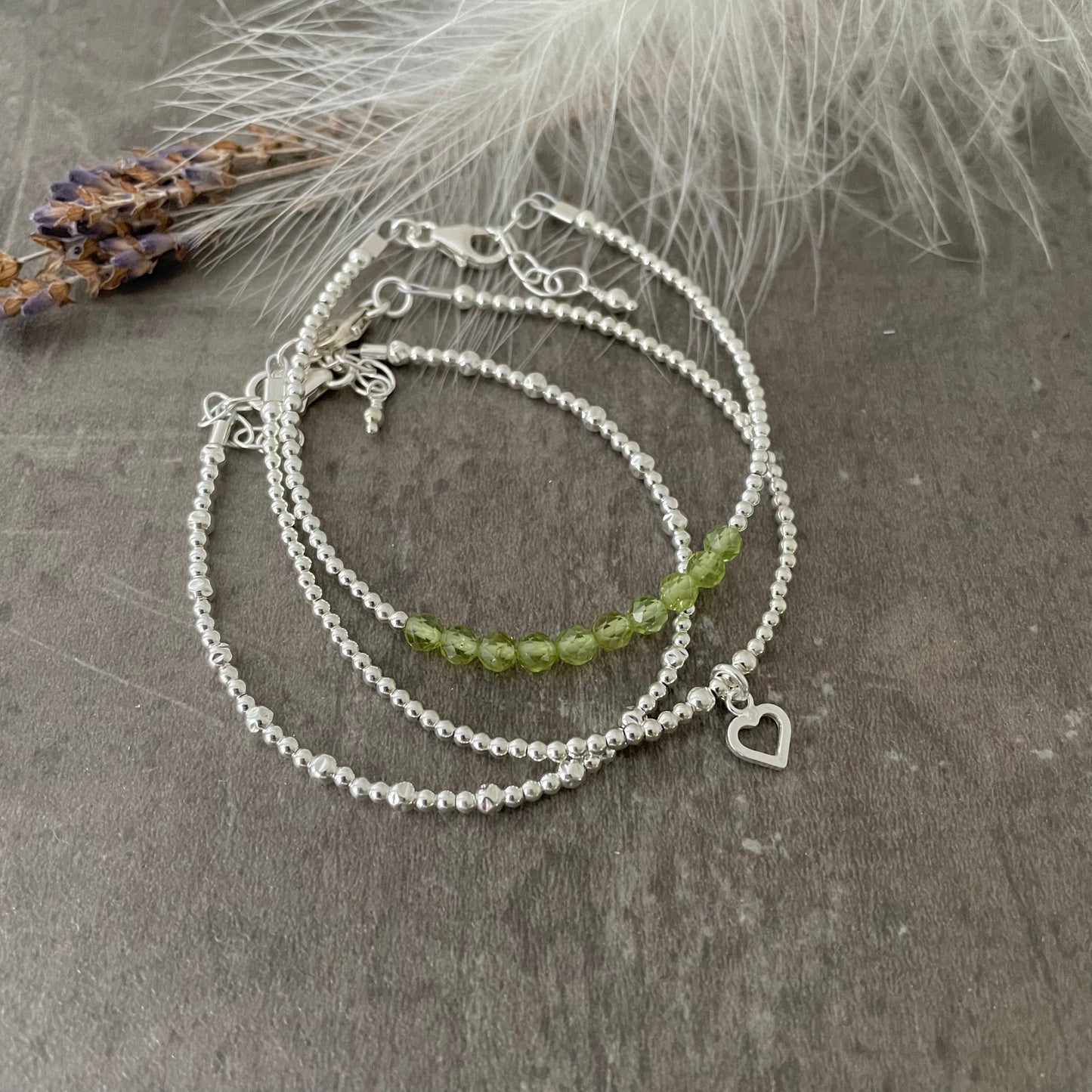 August Birthstone Peridot Bracelet Set, Dainty Sterling Silver Stacking Bracelets for Women