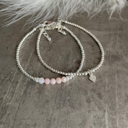 Personalised Pink Opal Bracelet Set, October Birthstone Jewellery