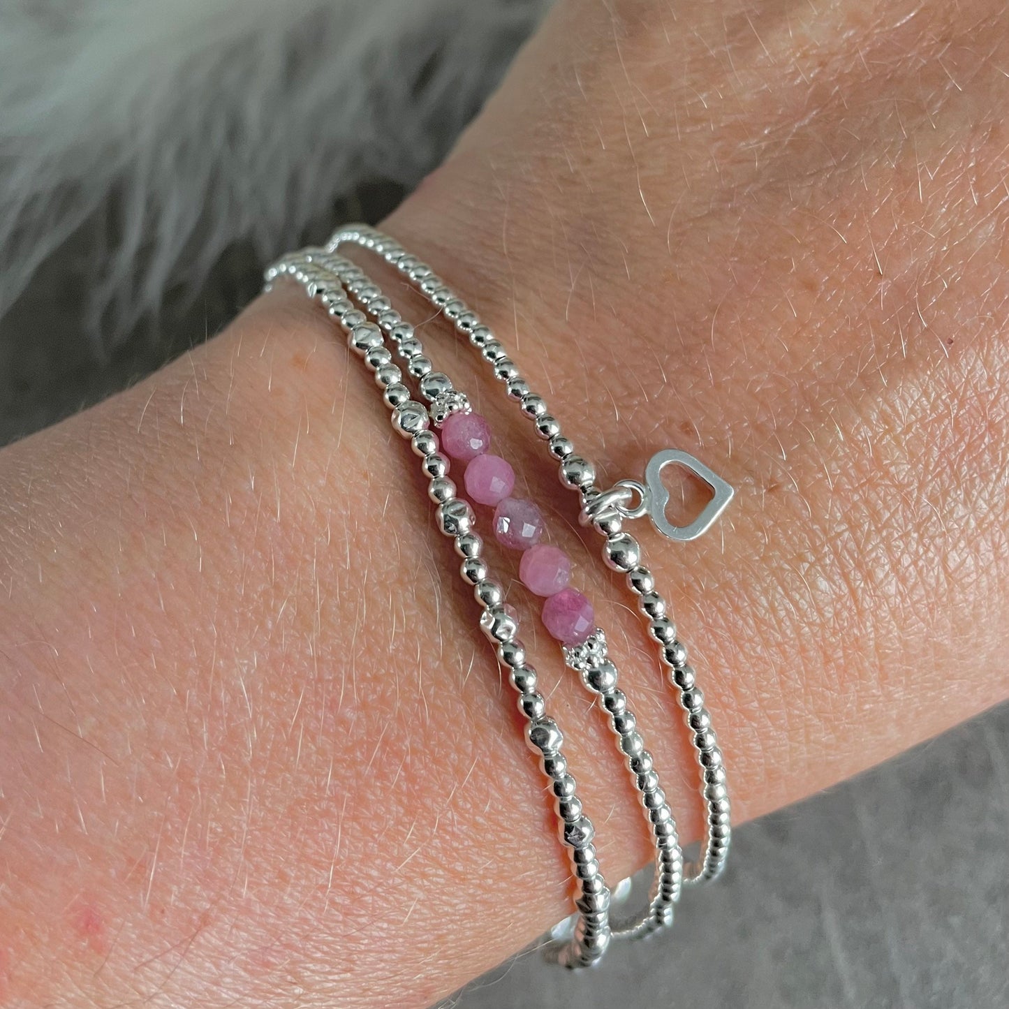 October Birthstone Pink Tourmaline Bracelet Set, Dainty Sterling Silver Stacking Bracelets for Women