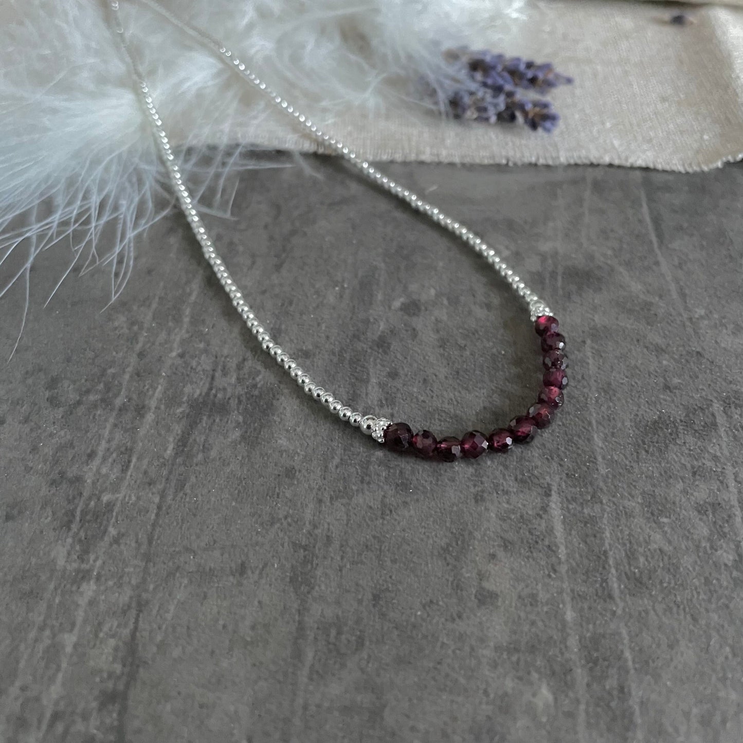 Thin Garnet and Sterling Silver Bead Necklace, dainty necklace