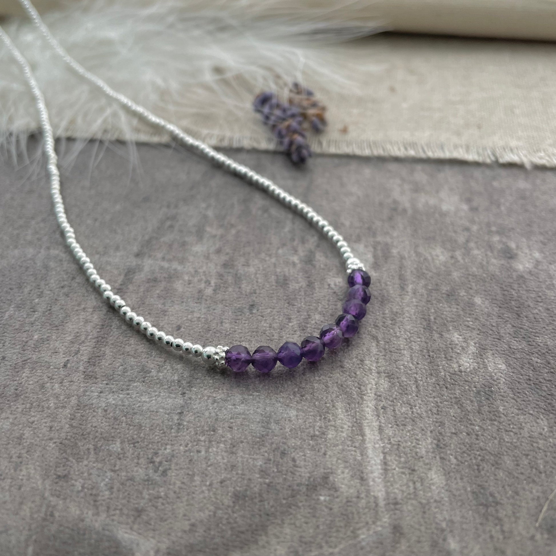 Thin Amethyst and Sterling Silver Bead Necklace, February Birthstone