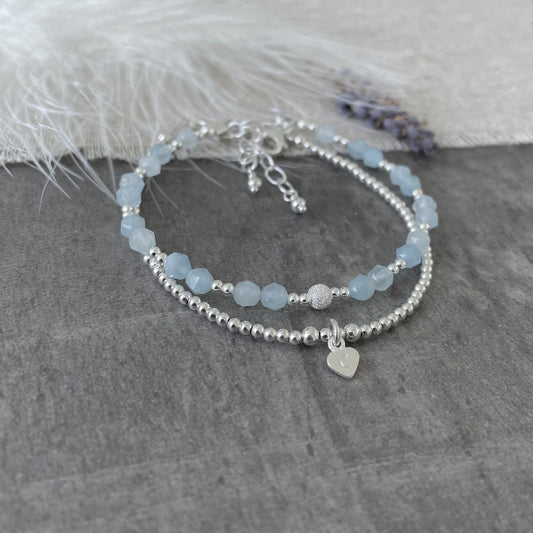 Set of 2 March Birthstone Aquamarine Bracelets, Stacking Bracelets for March Birthday, Aquamarine Jewellery for Women