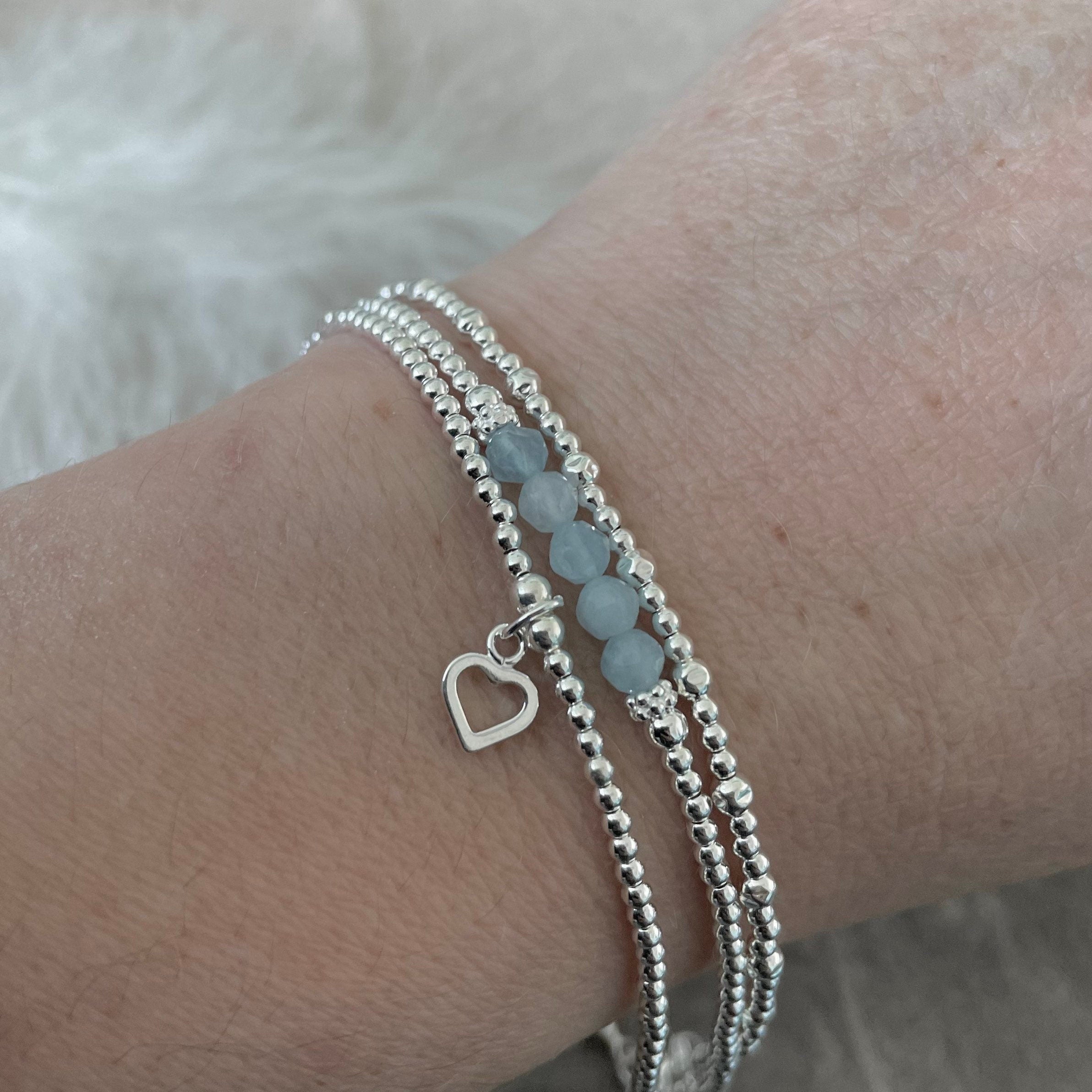 Blue Aquamarine Gemstone Bracelet with Dove Sterling Silver Charm | T.  Jazelle