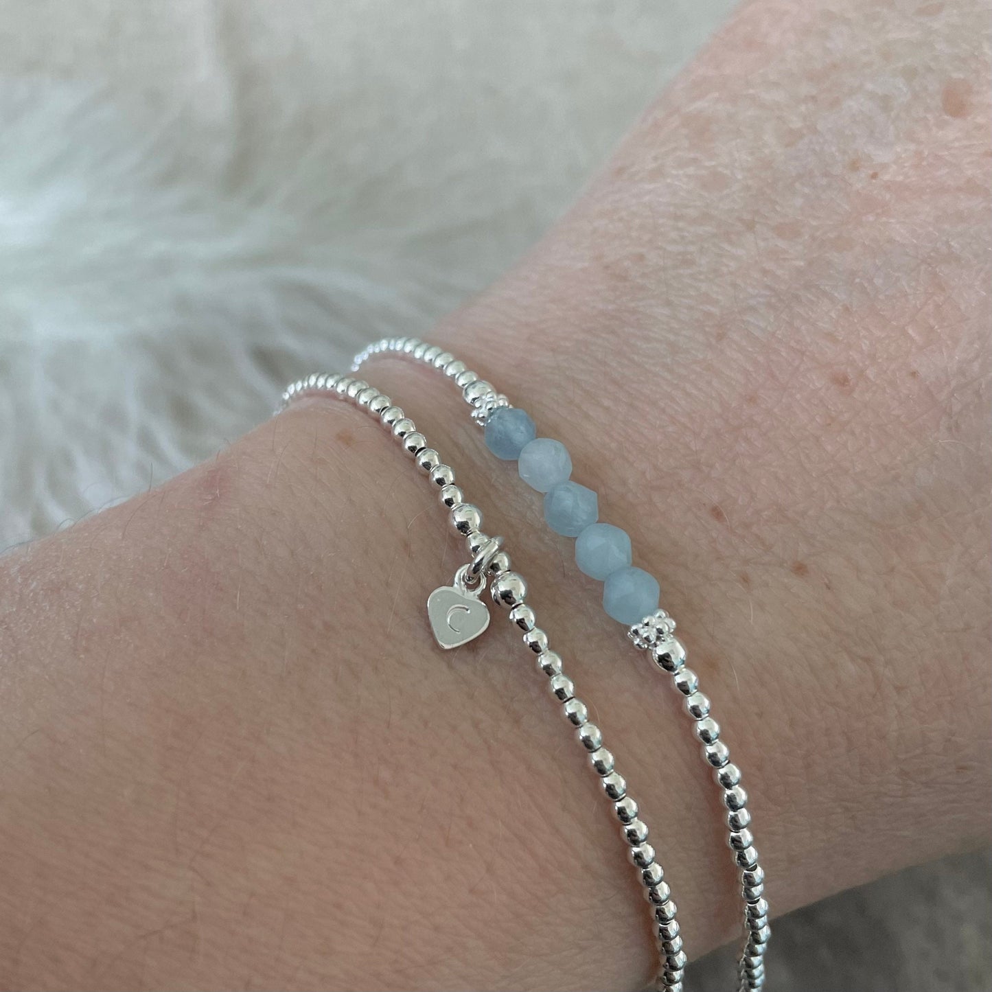 Personalised Aquamarine Bracelet Set, March Birthstone Jewellery, Initial Bracelets, Aquamarine Jewellery