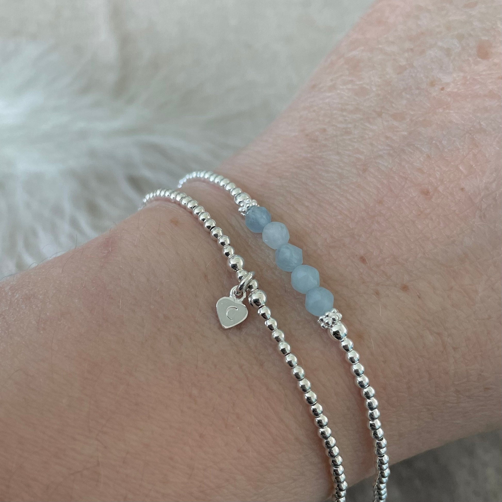 Personalised Aquamarine Bracelet Set, March Birthstone Jewellery, Initial Bracelets, Aquamarine Jewellery