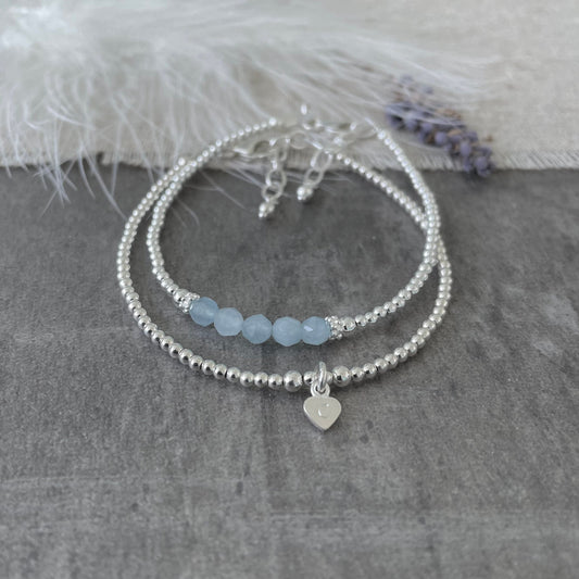 Personalised Aquamarine Bracelet Set, March Birthstone Jewellery, Initial Bracelets, Aquamarine Jewellery