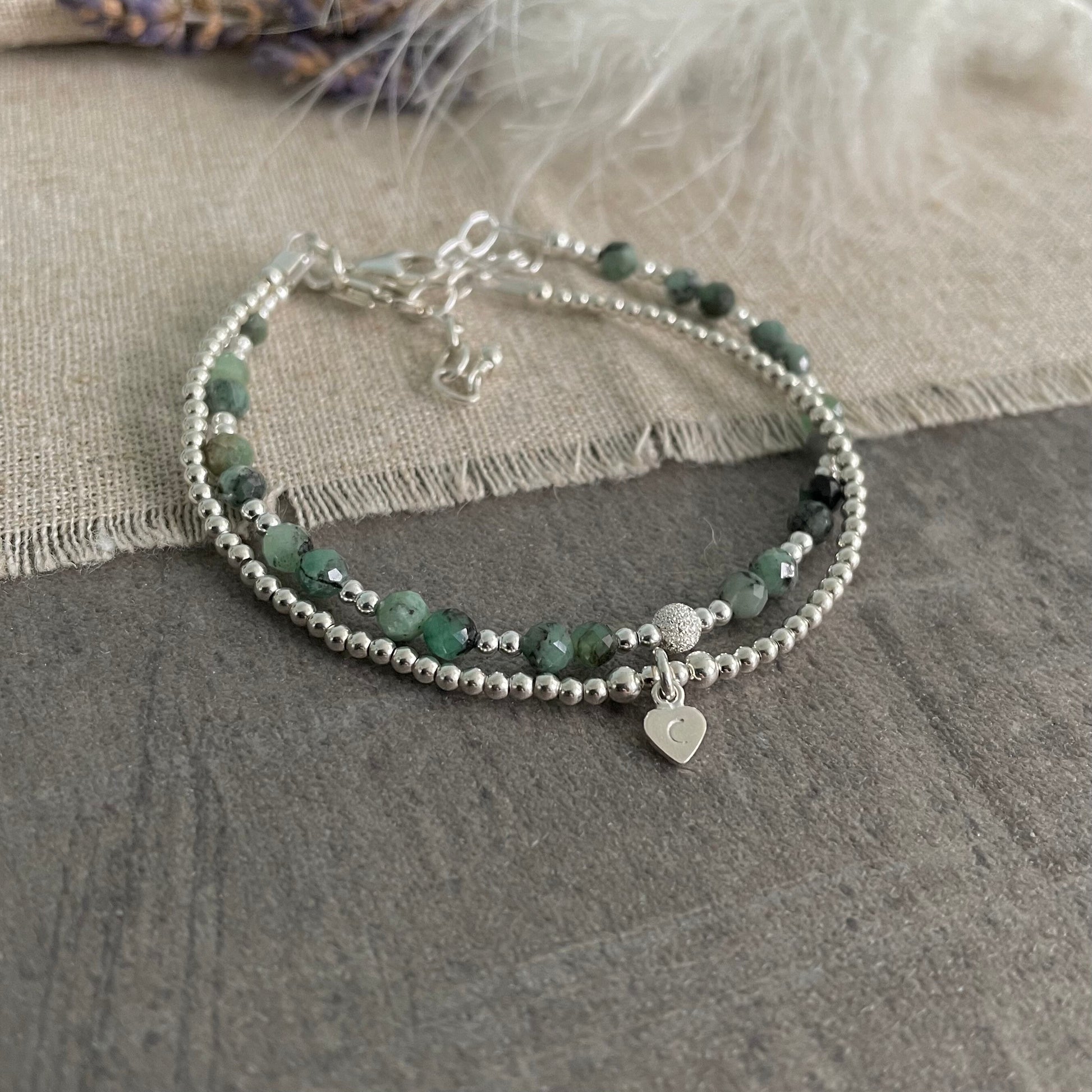 Set of 2 May Birthstone Emerald Bracelets, Stacking Bracelets for May Birthday