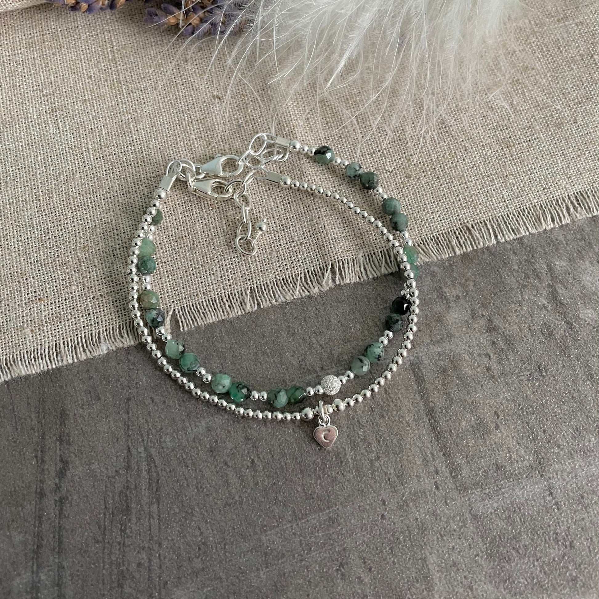 Set of 2 May Birthstone Emerald Bracelets, Stacking Bracelets for May Birthday