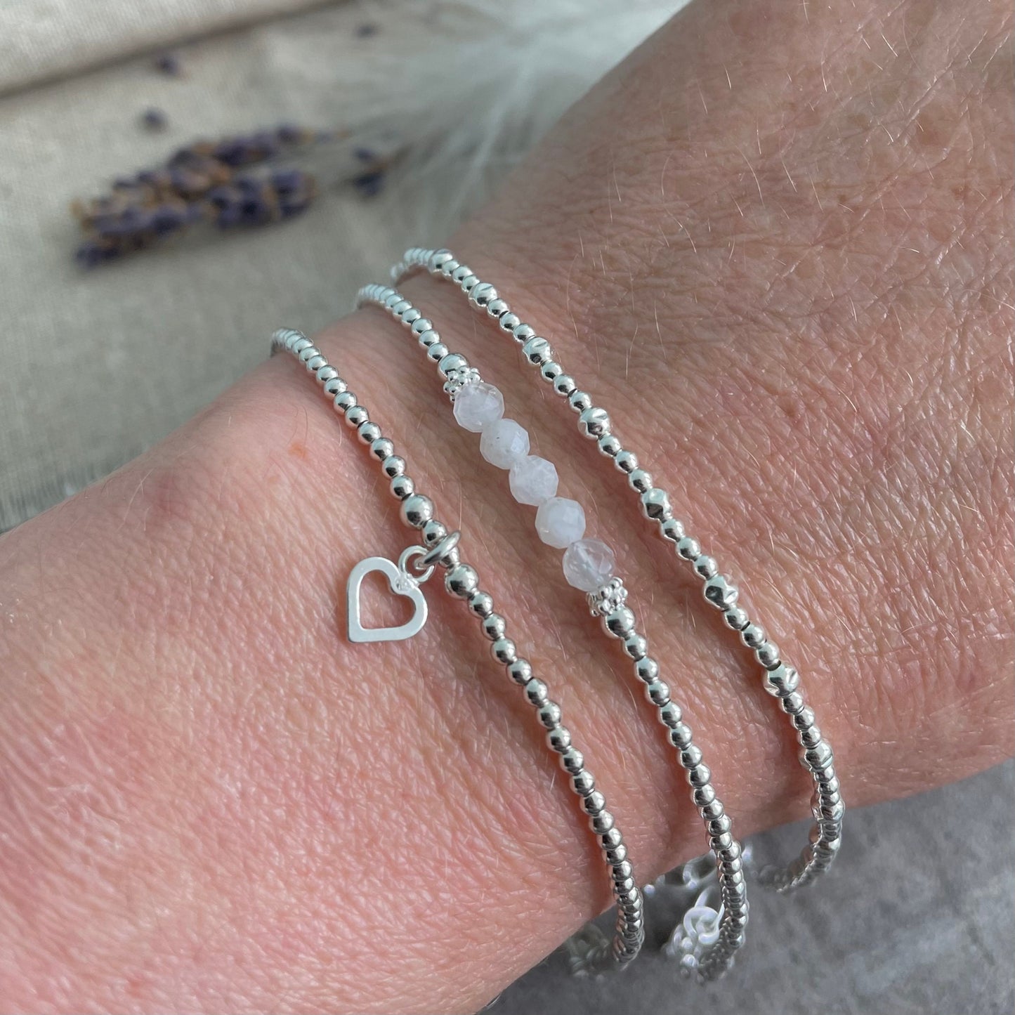 A Dainty June Birthstone Moonstone Bracelet Set, June Stacking Bracelets for Women in Sterling Silver