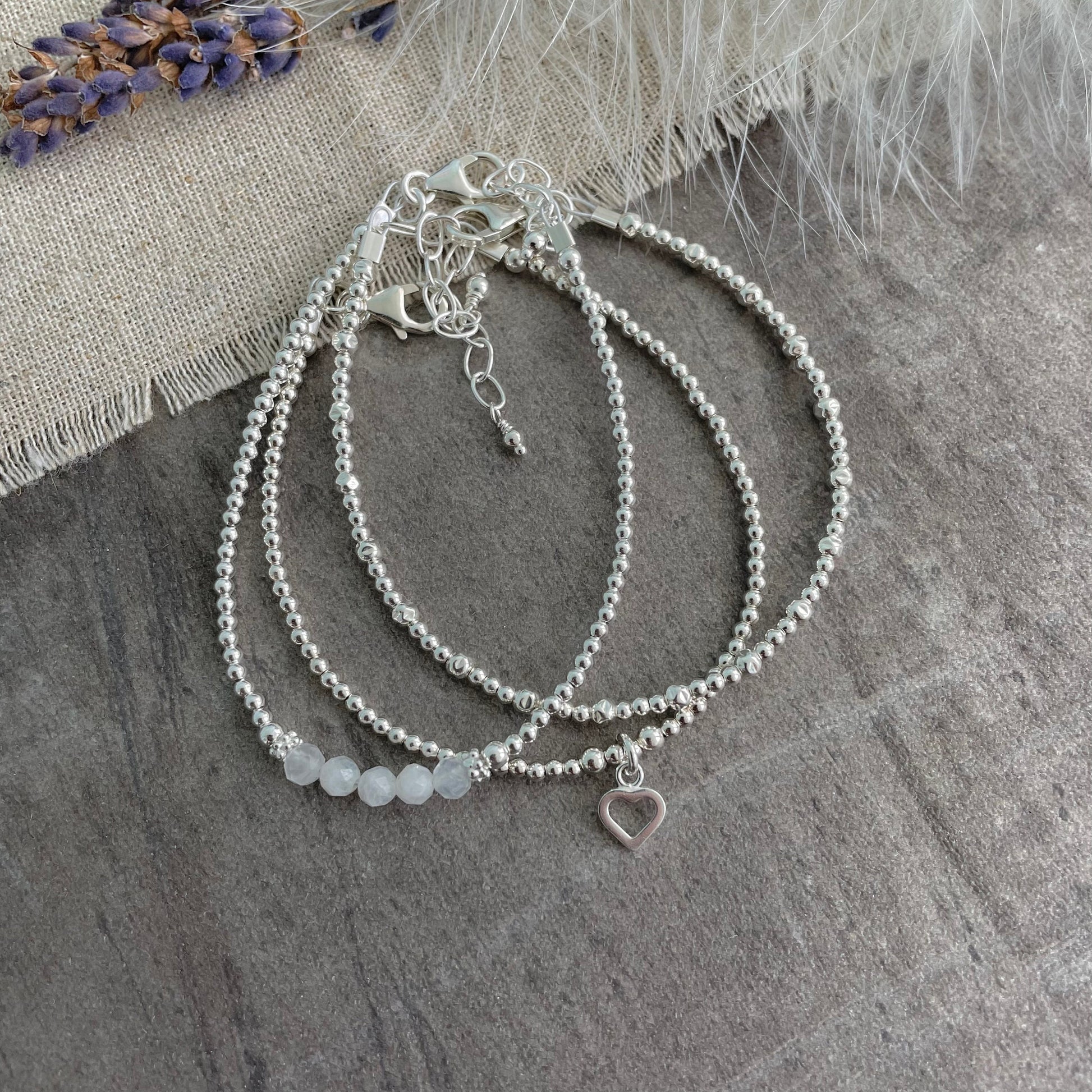 A Dainty June Birthstone Moonstone Bracelet Set, June Stacking Bracelets for Women in Sterling Silver