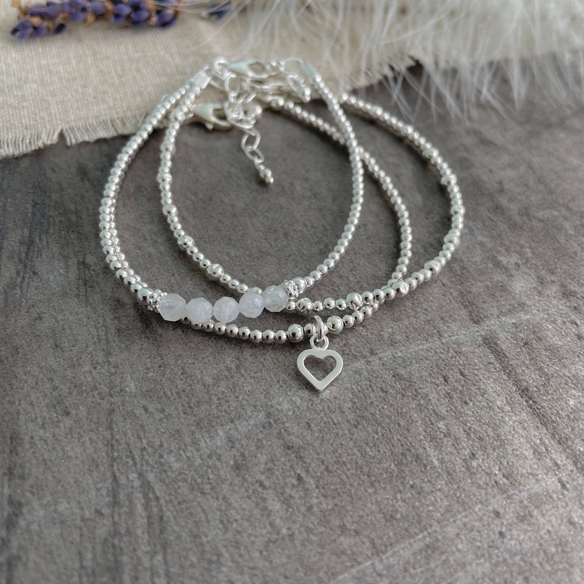 A Dainty June Birthstone Moonstone Bracelet Set, June Stacking Bracelets for Women in Sterling Silver
