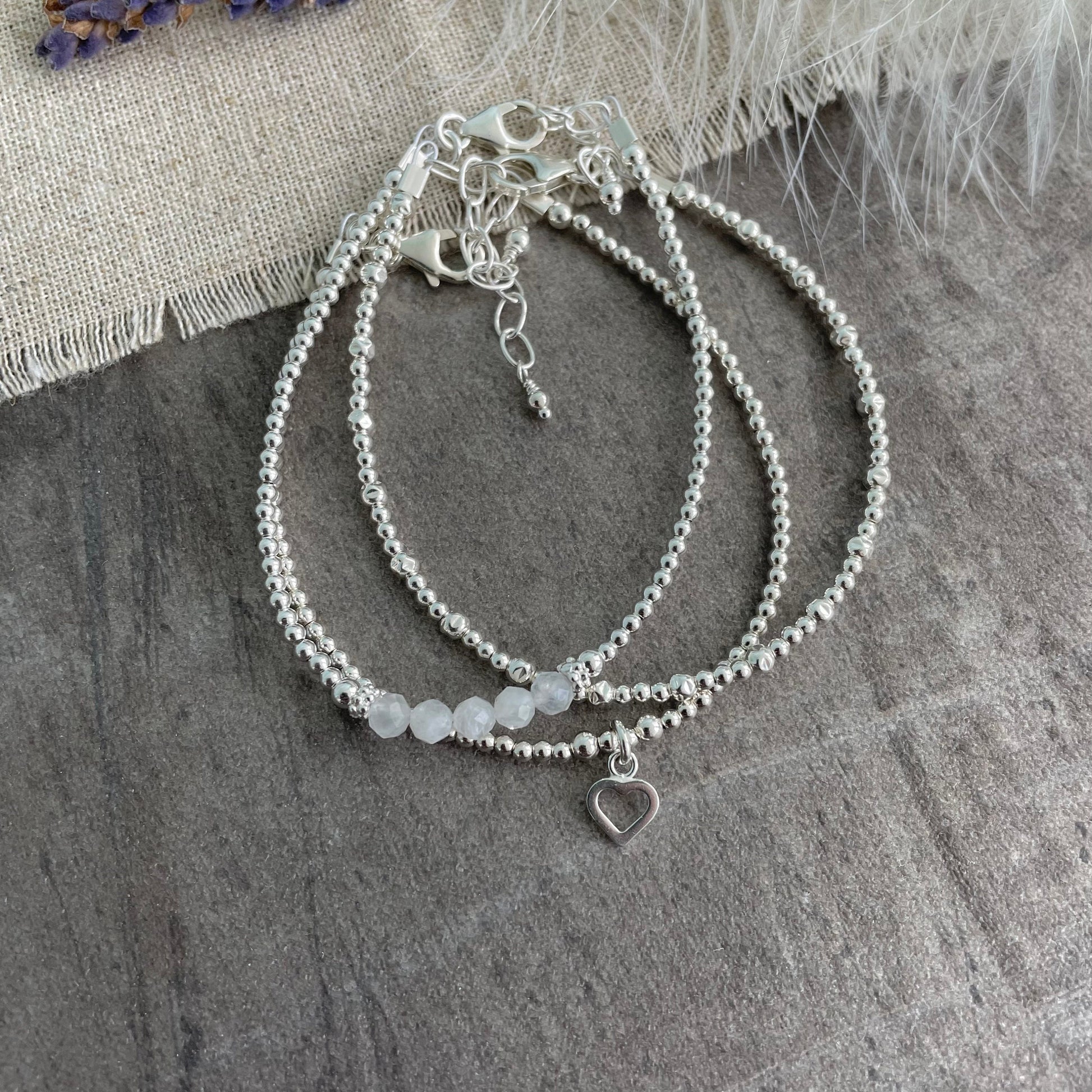 A Dainty June Birthstone Moonstone Bracelet Set, June Stacking Bracelets for Women in Sterling Silver