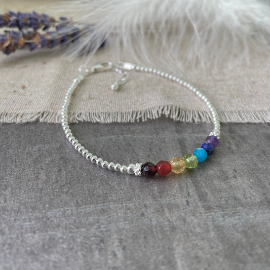 Dainty Balancing Chakra Bracelet, rainbow gemstones with sterling silver