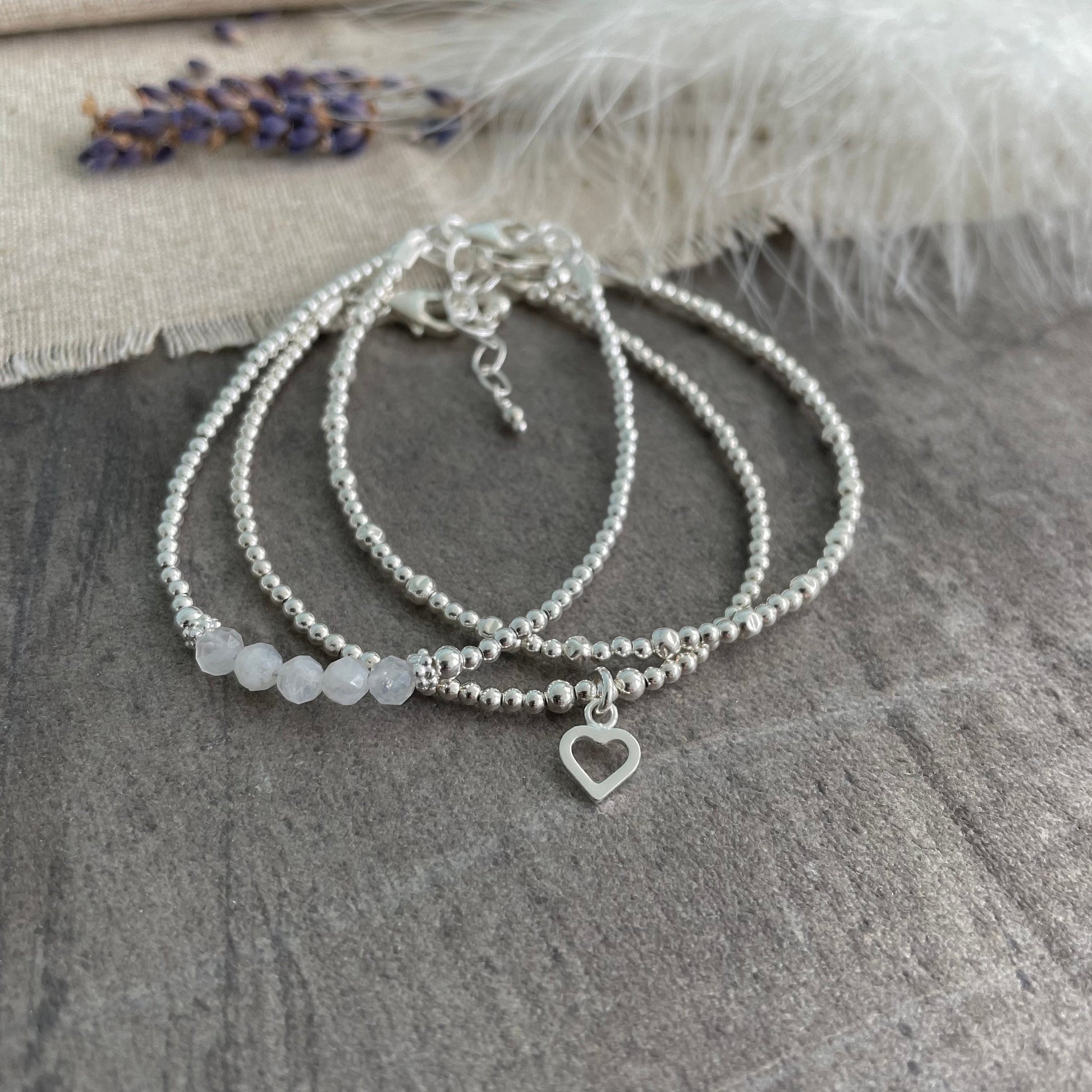 A Dainty June Birthstone Moonstone Bracelet Set, June Stacking Bracelets for Women in Sterling Silver