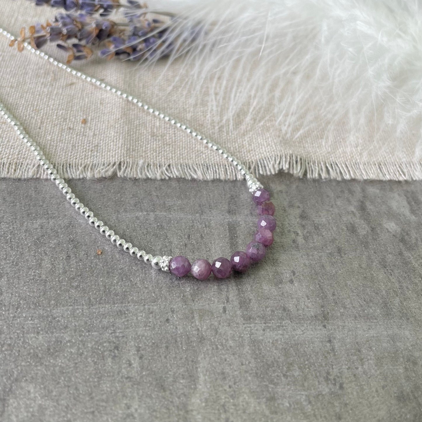 Thin Purple Ruby and Sterling Silver Bead Necklace, July Birthstone