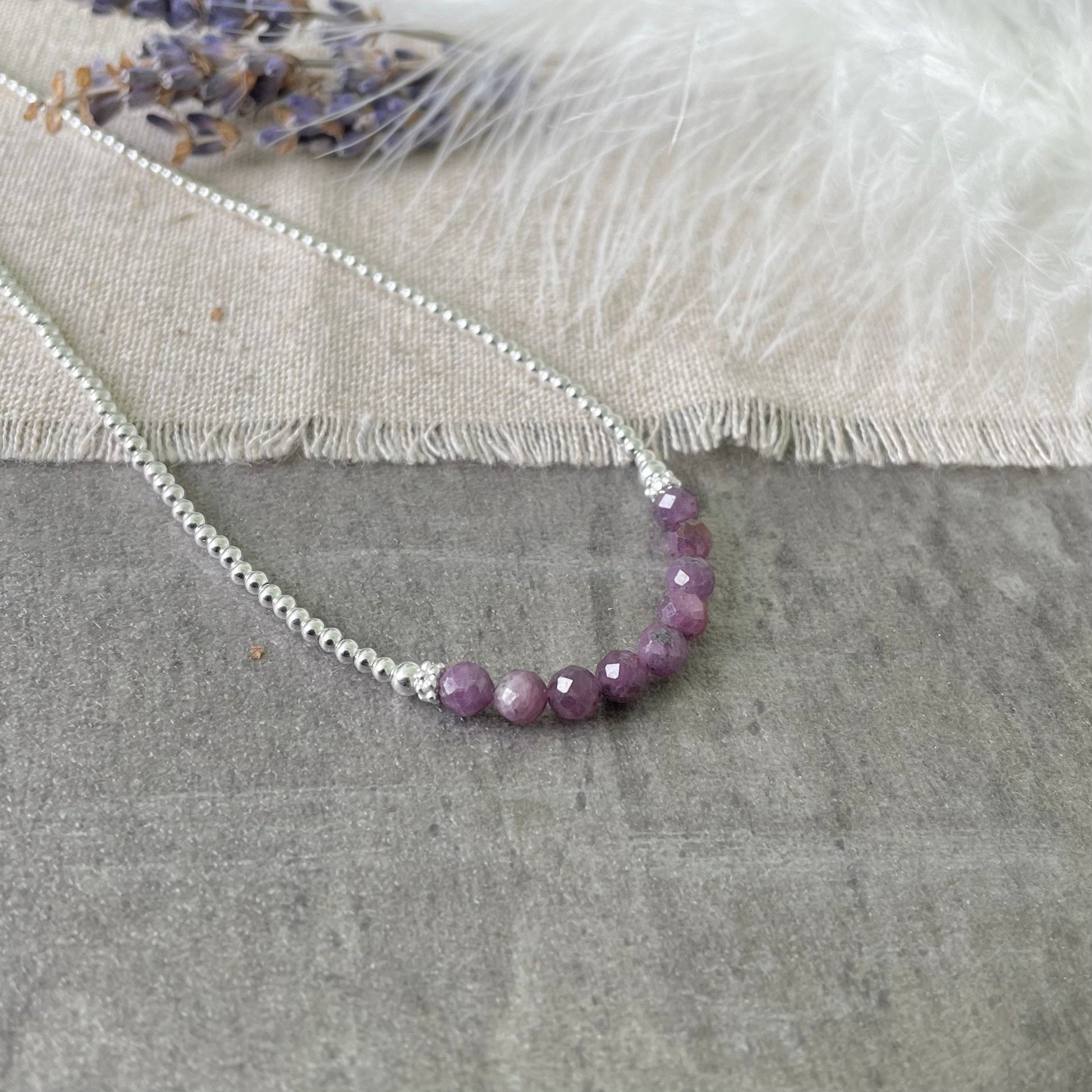 Thin Purple Ruby and Sterling Silver Bead Necklace, July Birthstone