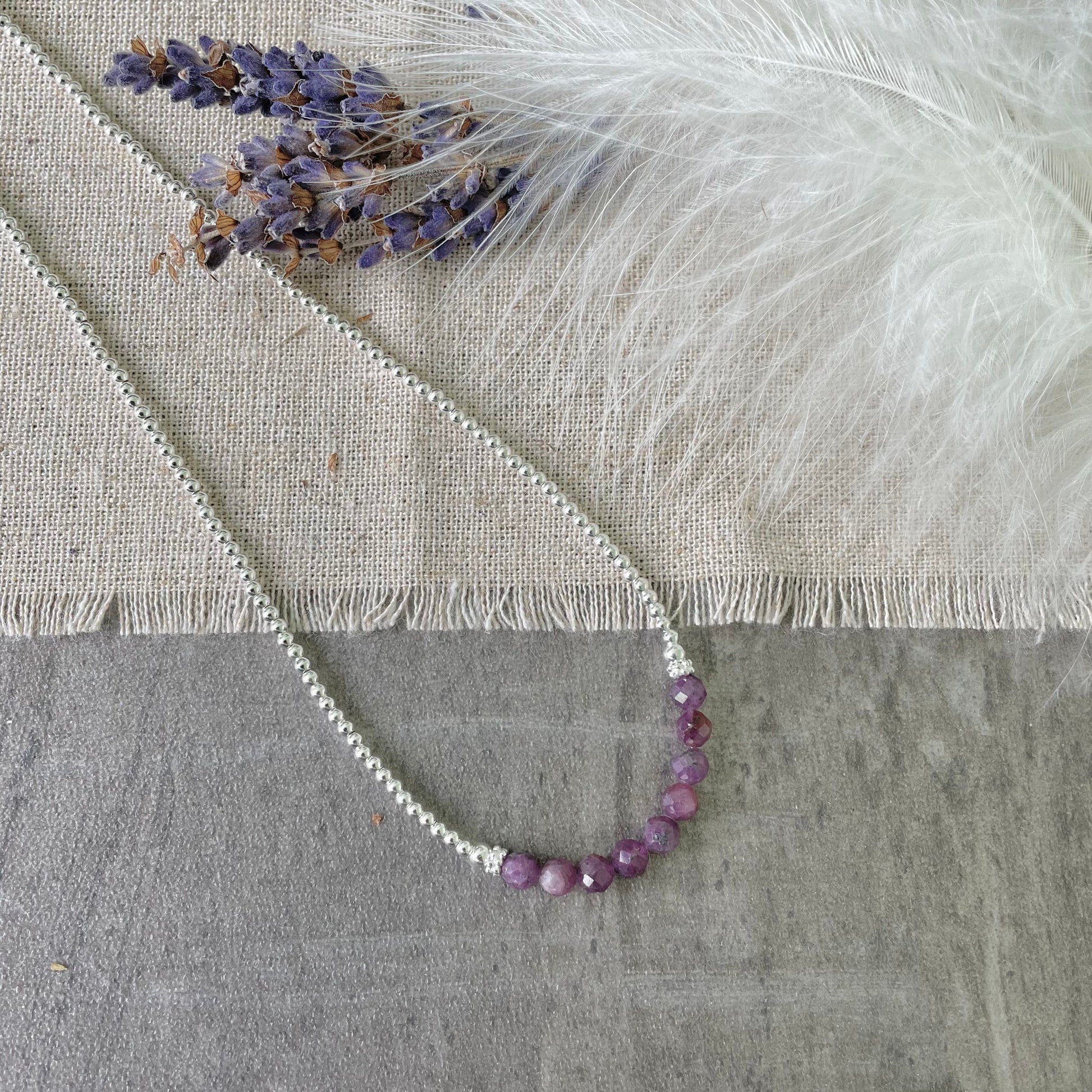 Thin Purple Ruby and Sterling Silver Bead Necklace, July Birthstone