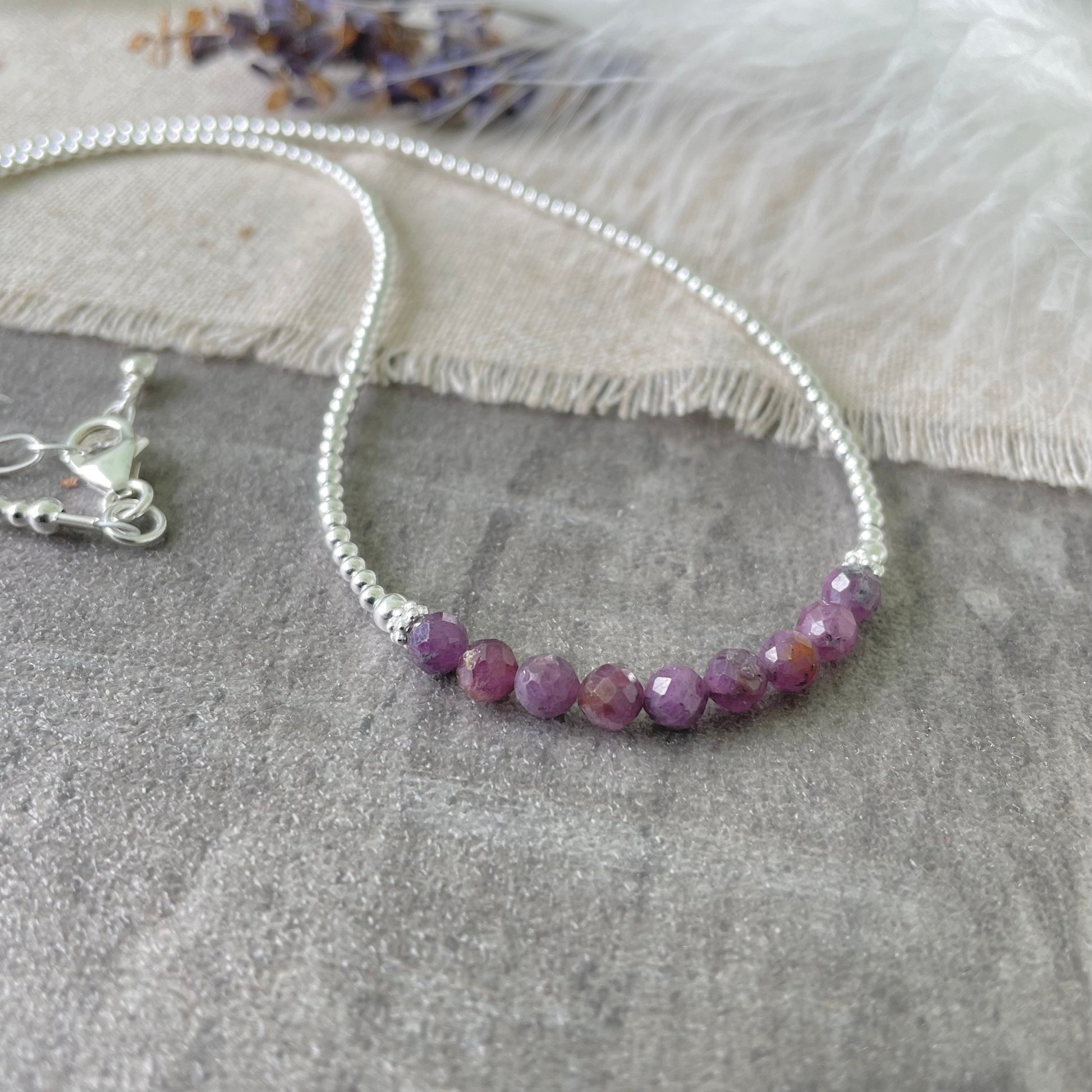 Thin Purple Ruby and Sterling Silver Bead Necklace, July Birthstone