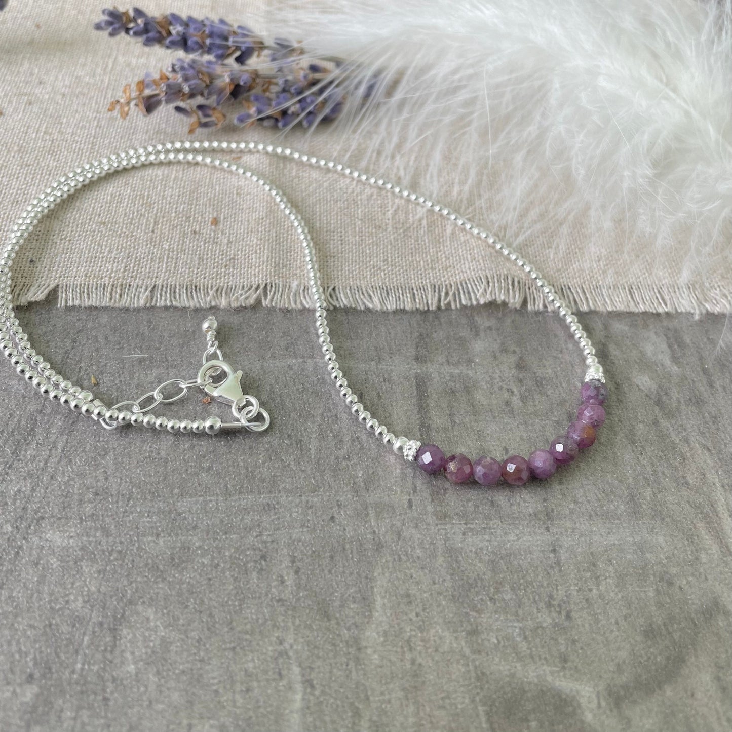 Thin Purple Ruby and Sterling Silver Bead Necklace, July Birthstone