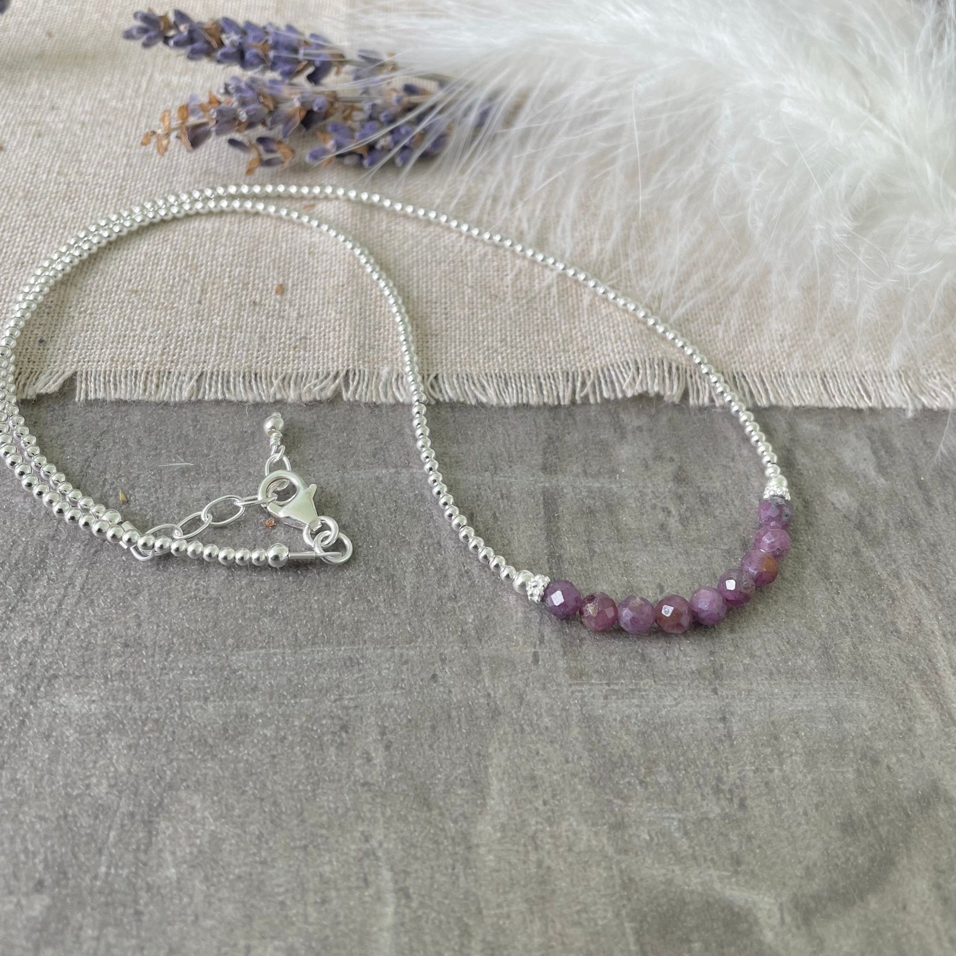 Thin Purple Ruby and Sterling Silver Bead Necklace, July Birthstone