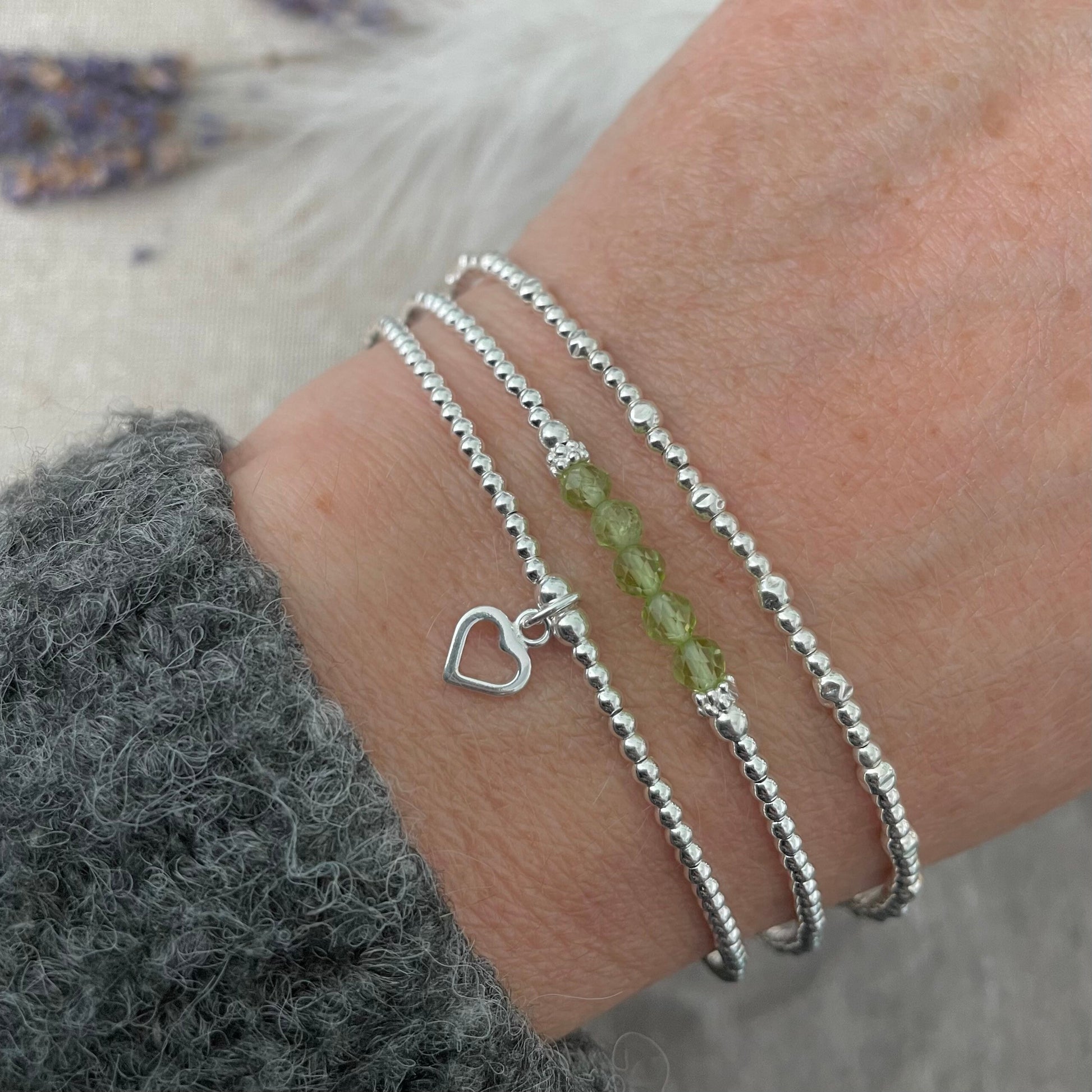 A Dainty August Birthstone Peridot Bracelet Set, August Stacking Bracelets for Women in Sterling Silver