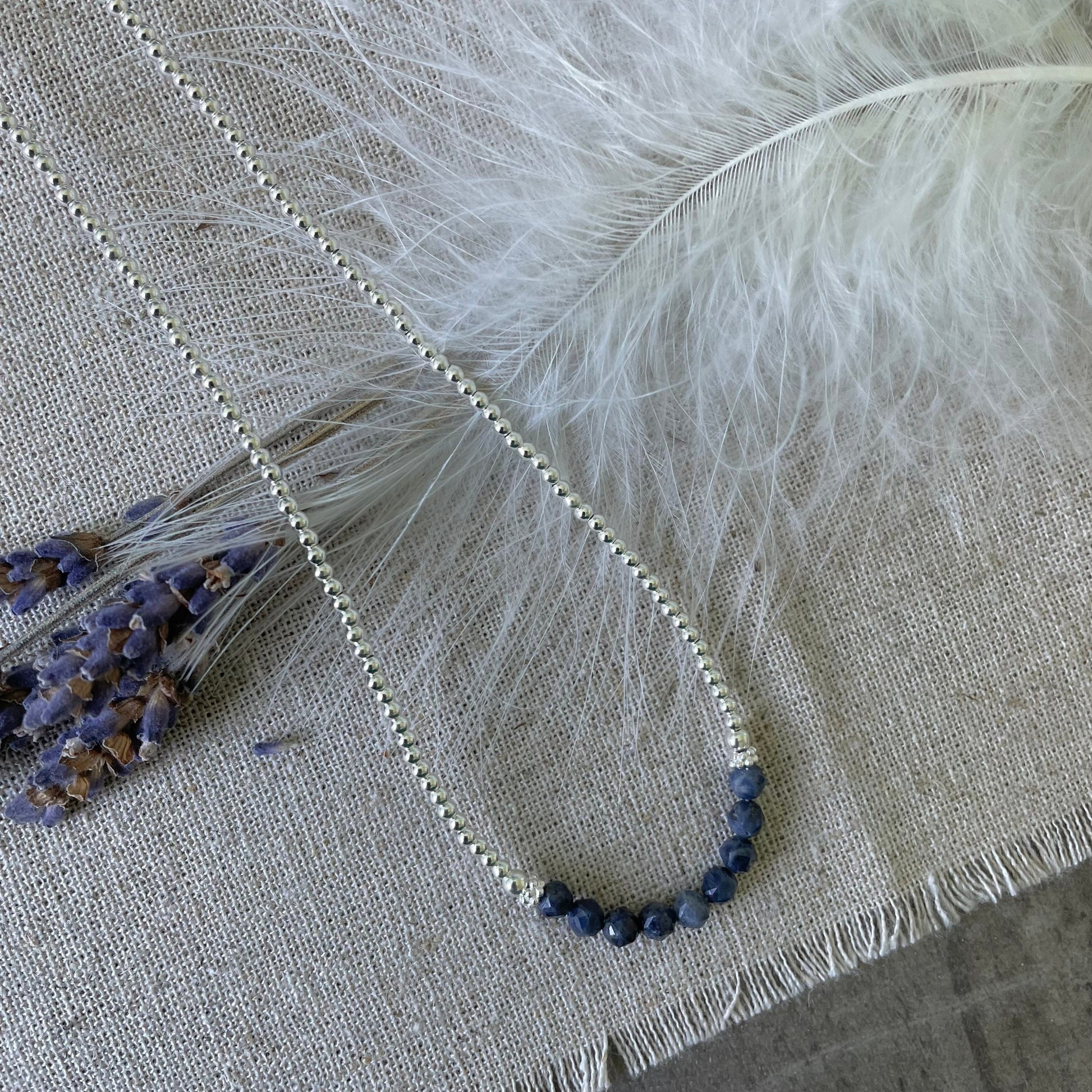 Thin Blue Sapphire and Sterling Silver Bead Necklace, September Birthstone