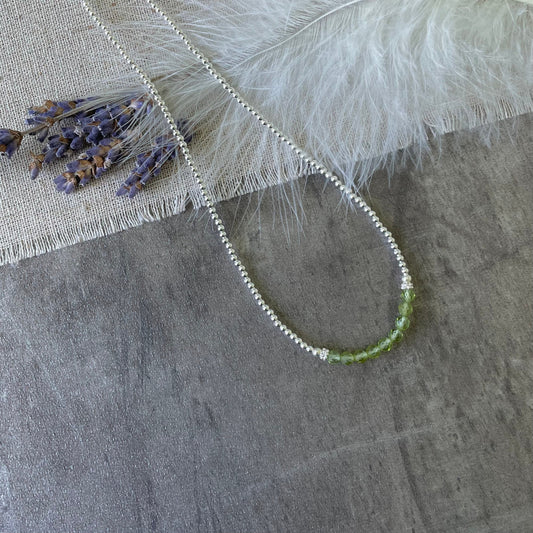 Thin Green Peridot and Sterling Silver Bead Necklace, August Birthstone