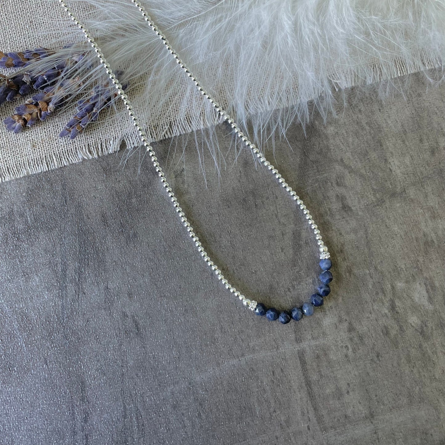Thin Blue Sapphire and Sterling Silver Bead Necklace, September Birthstone