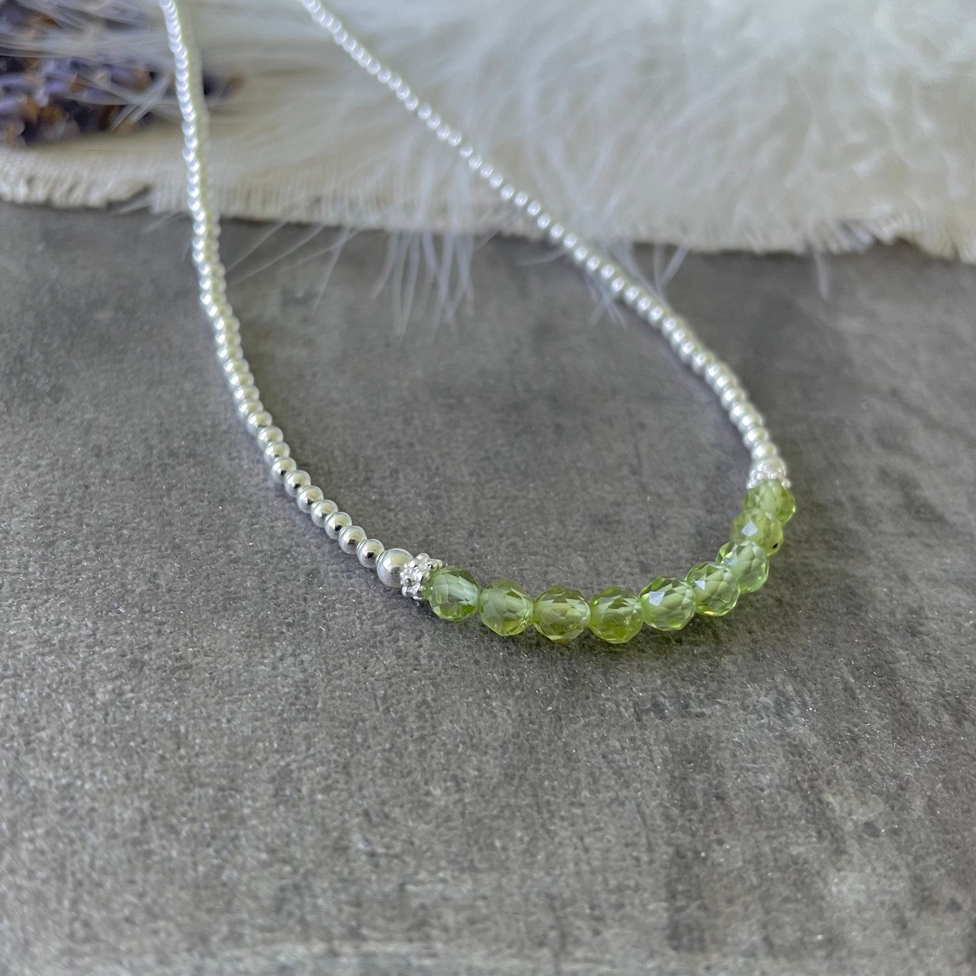 Thin Green Peridot and Sterling Silver Bead Necklace, August Birthstone