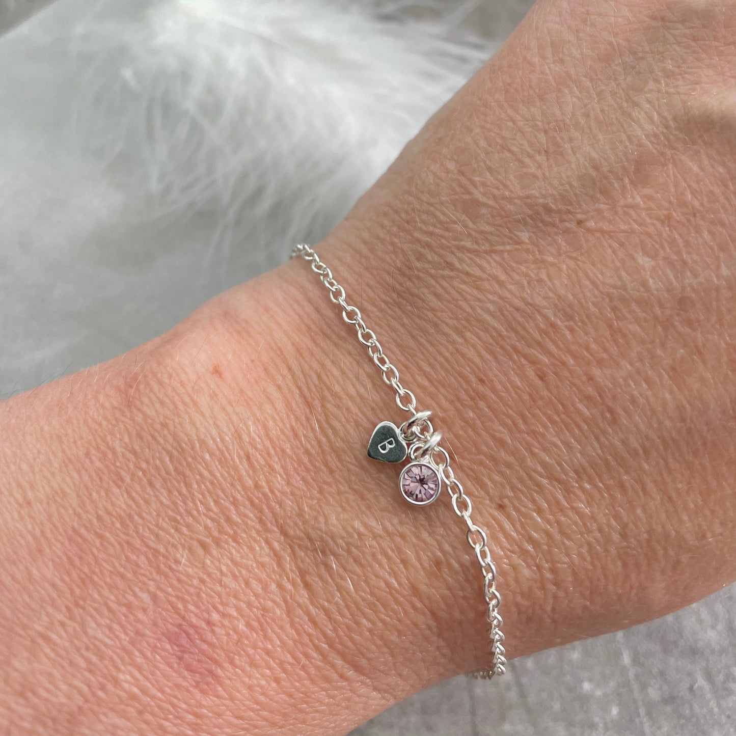 Birthstone & Tiny Initial Bracelet on Chain, Dainty Personalised Sterling Silver Jewellery