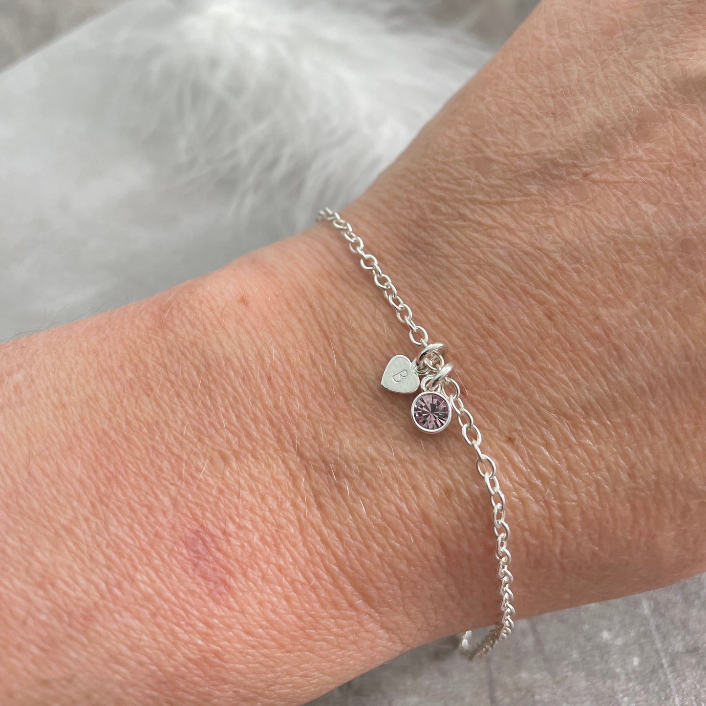 Birthstone & Tiny Initial Bracelet on Chain, Dainty Personalised Sterling Silver Jewellery